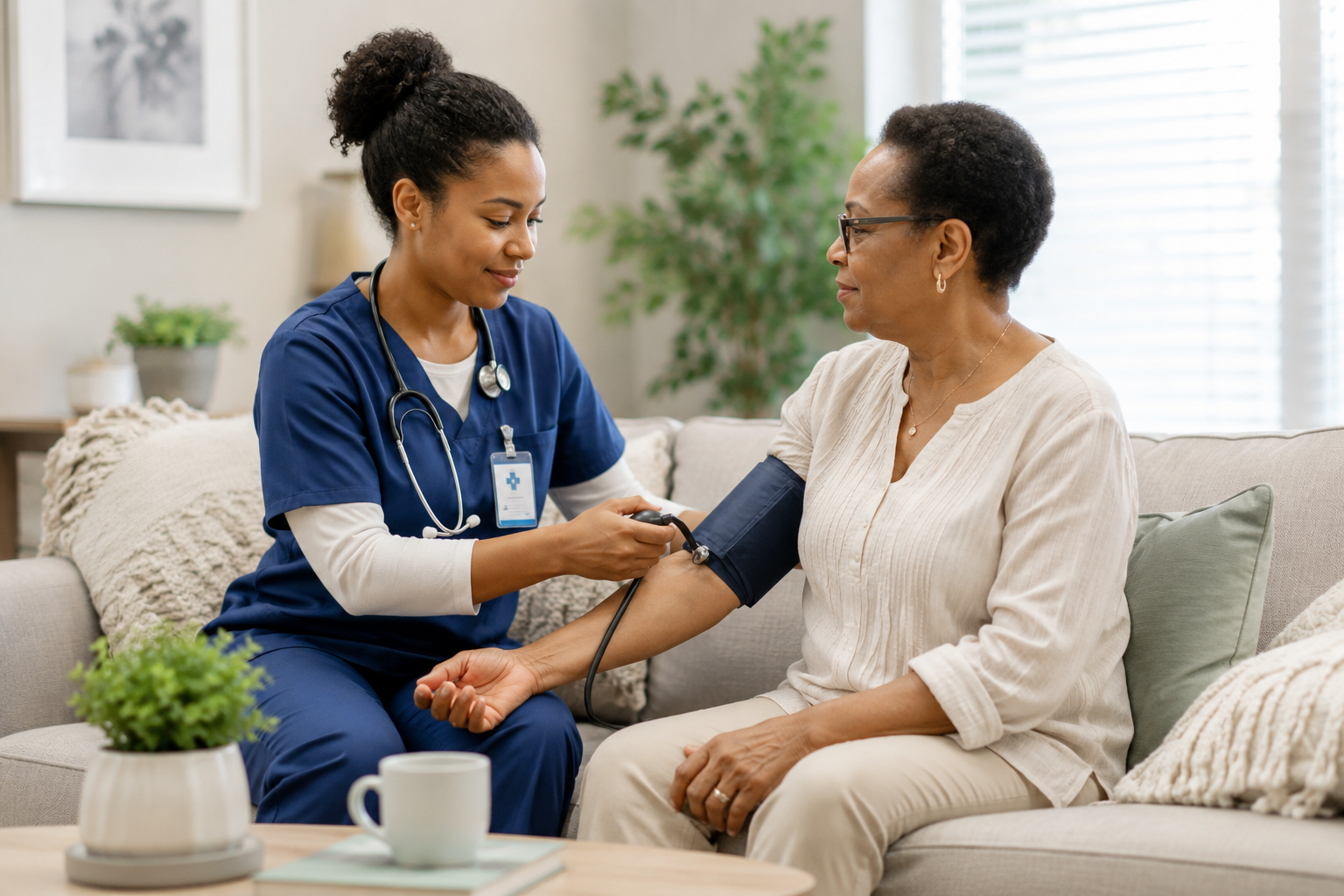 Registered nurse providing professional home healthcare services to a patient in Ontario.